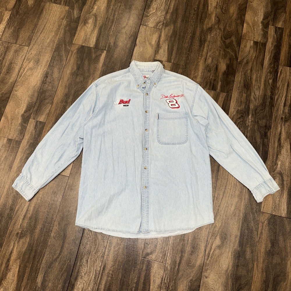 Vintage NASCAR Dale Earnhardt Jr. #8 Budweiser Distressed Denim Longsleeve Shirt
